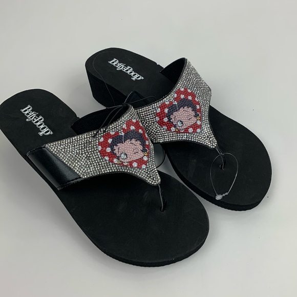 Betty Boop Sparkle rhinestone Wedge sandals Flip flop style Size 9 Red black NWT - Picture 3 of 15